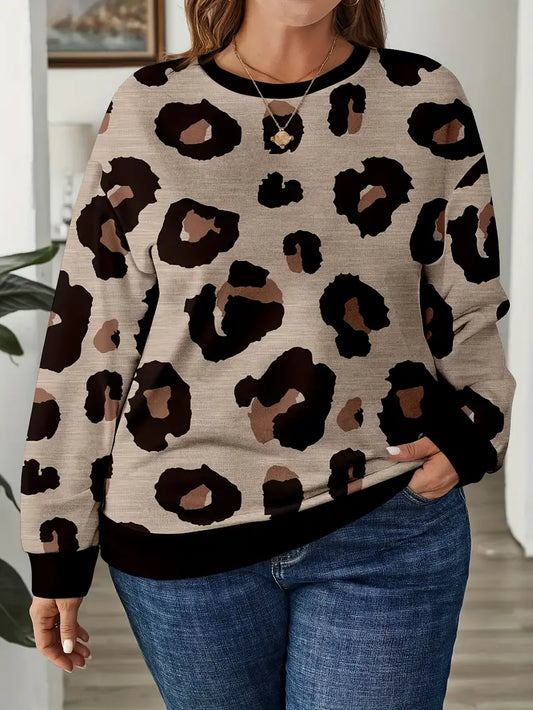 Lioh | Plus Size Leopardenmuster Pullover – Elegantes Crew Neck Stricktop