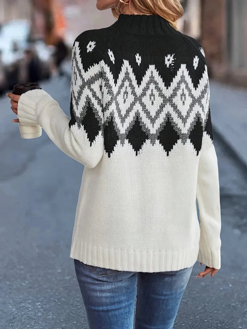 Roten | Schildkrötenhals Pullover mit Geo-Muster – Langarm, Lässig