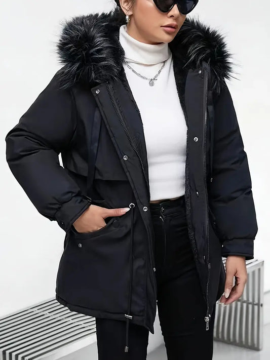 Parki | Damen Winter Parka – Schwarzer Mid-Length, Dick, Polyester, Casual