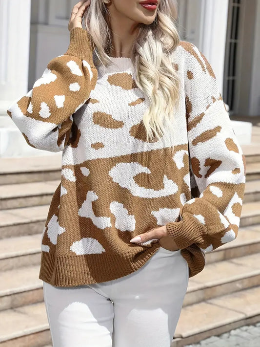 Brownie | Plus Size Leopardenmuster Pullover – Farbblock Casual Stricktop