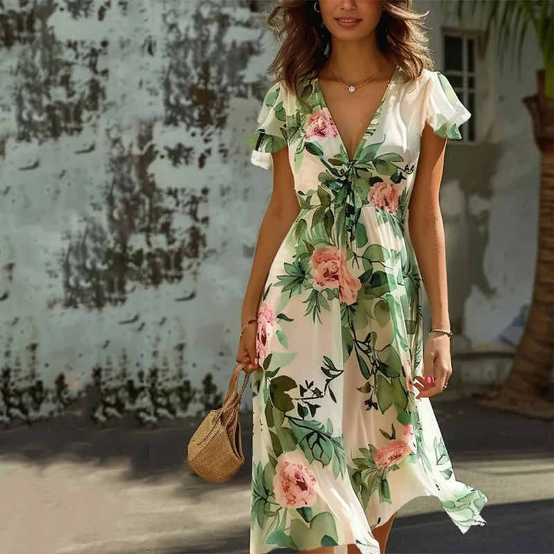 Querinda | Weißes Blumen-Midi-Kleid