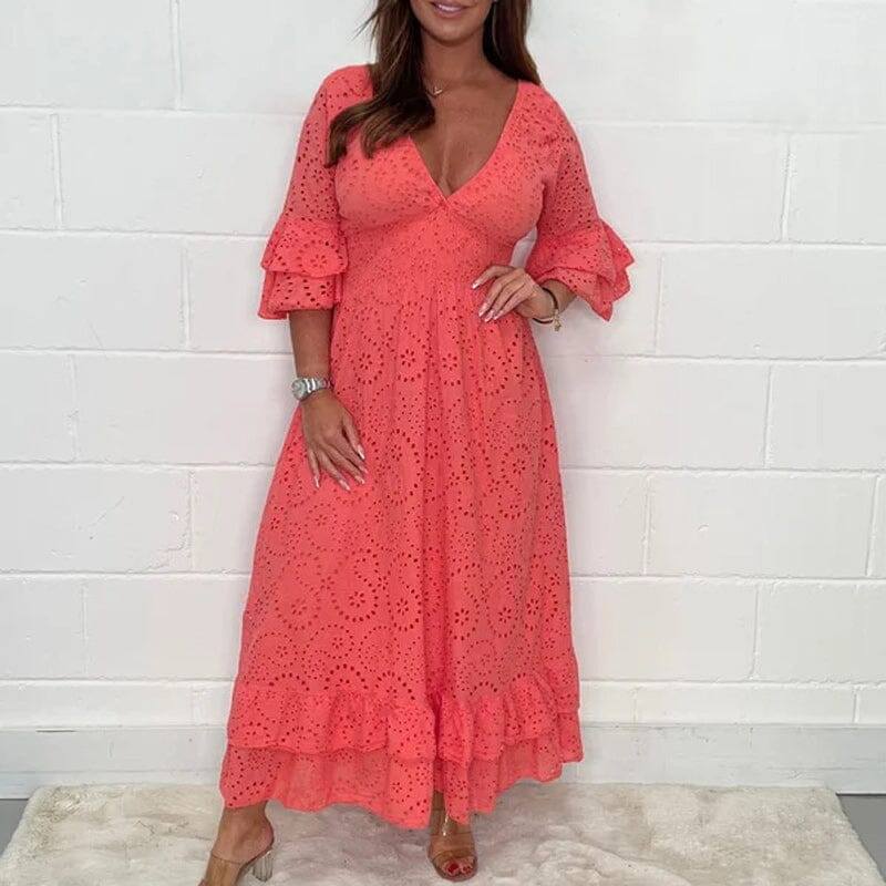 Nathalia | Besticktes Anglaise-Midikleid mit Rüschenärmeln