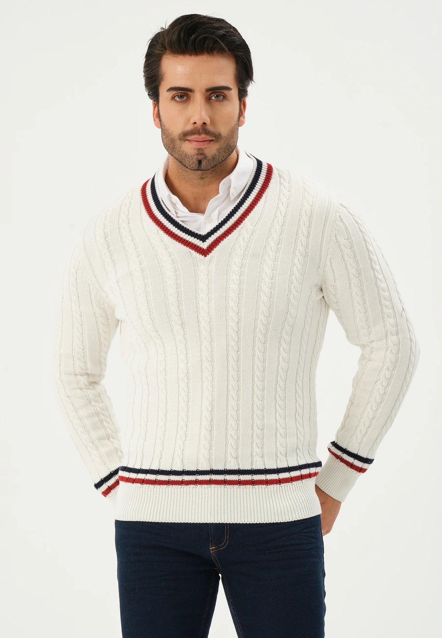 Kace | Weißer V-Ausschnitt Kabel Gestrickter Streifenpullover