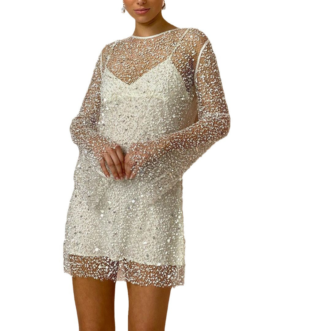 Stéphanie | Perlen See-through Mesh Zweiteiliges Set Sling Kleid