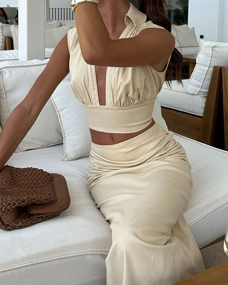 Aeliana | Ärmelloses tiefes V-Ausschnitt Crop Top und Maxi Rock Set