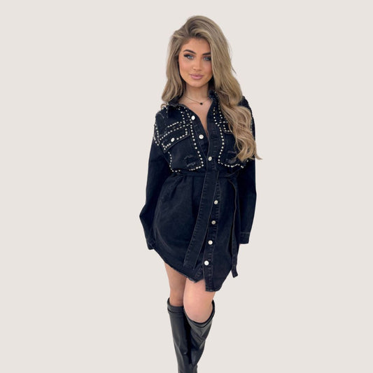 Ada | Geborduurte Denim-Overhemdjurk mit Rüschendetail in der Taille