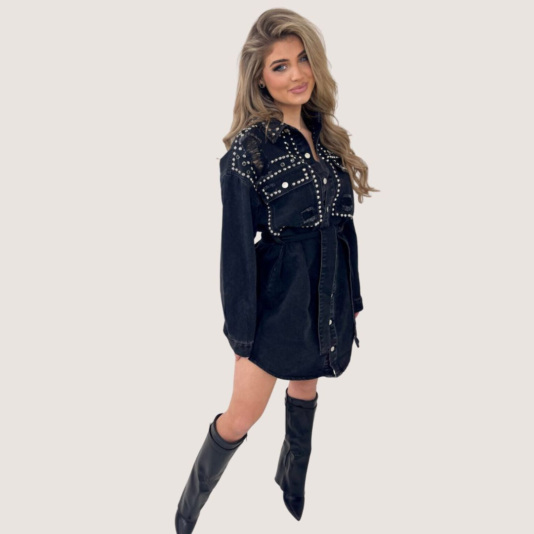 Ada | Geborduurte Denim-Overhemdjurk mit Rüschendetail in der Taille