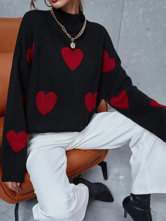 Hers | Herz-Muster Rollkragenpullover Damen – Lässig & Stylisch