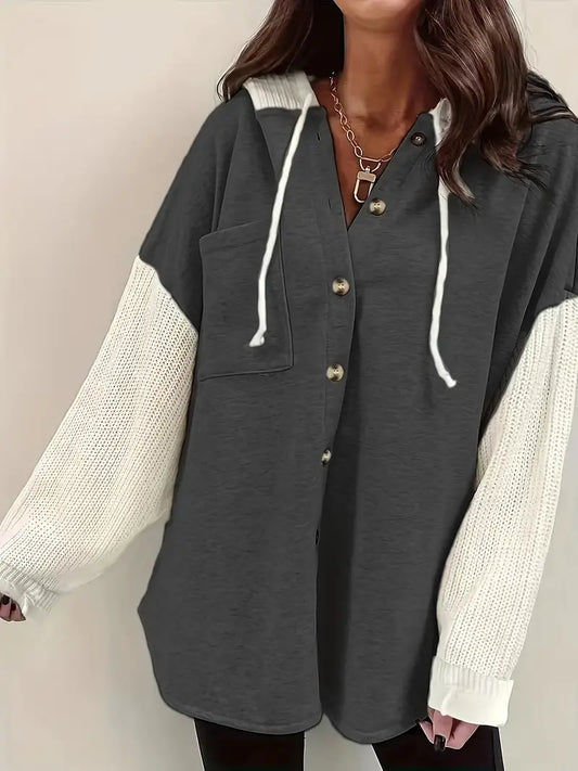 Farblock | Damen Lässiger Farbblock Hoodie mit Knopfdetails