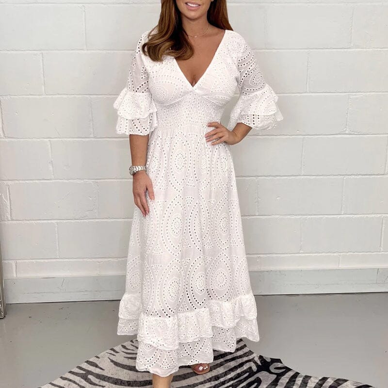 Nathalia | Besticktes Anglaise-Midikleid mit Rüschenärmeln