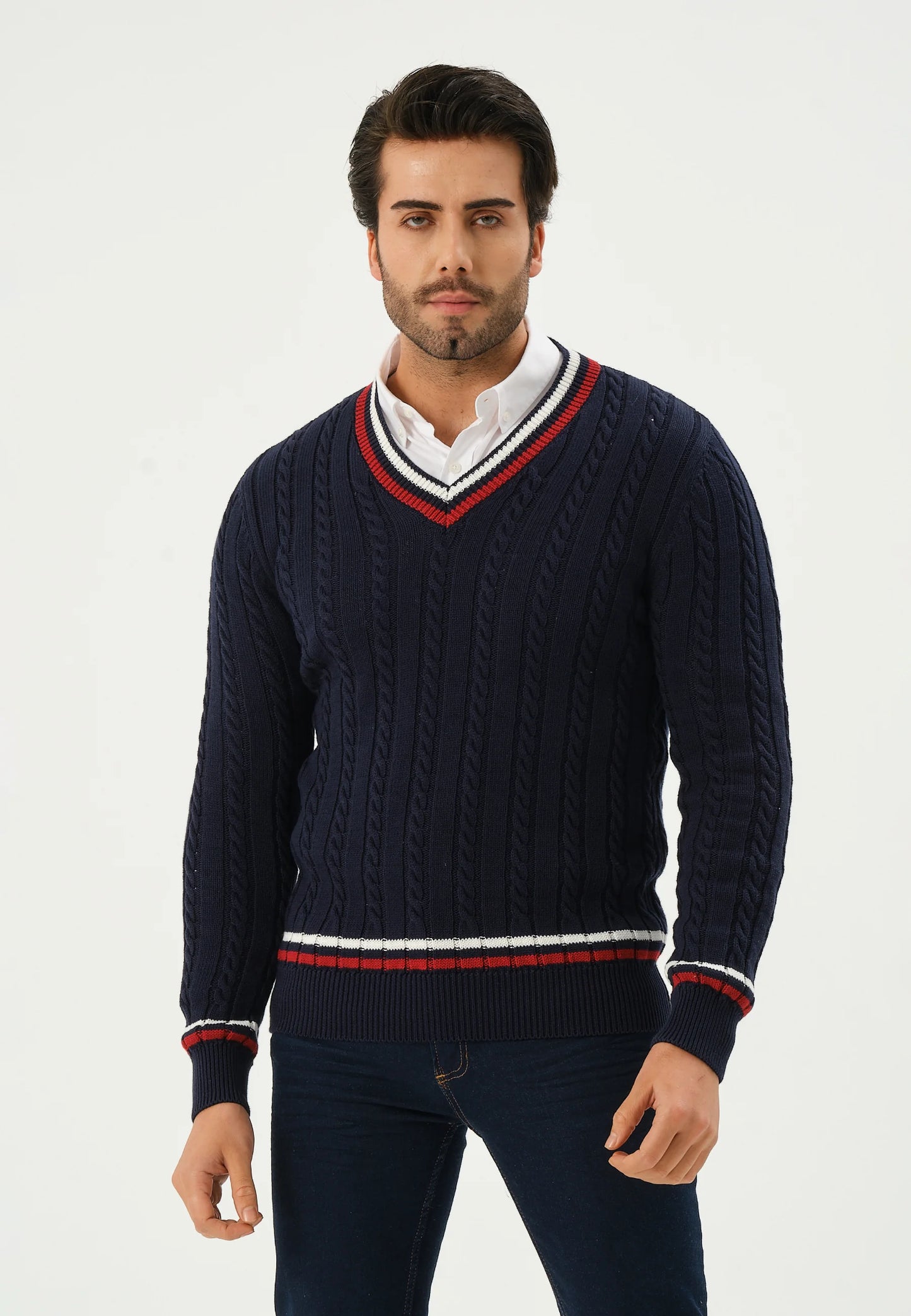 Kace | Weißer V-Ausschnitt Kabel Gestrickter Streifenpullover