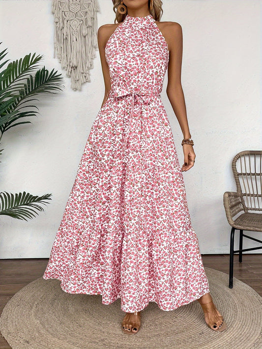 Nelda | Rosa Blumenkleid mit Halterneck