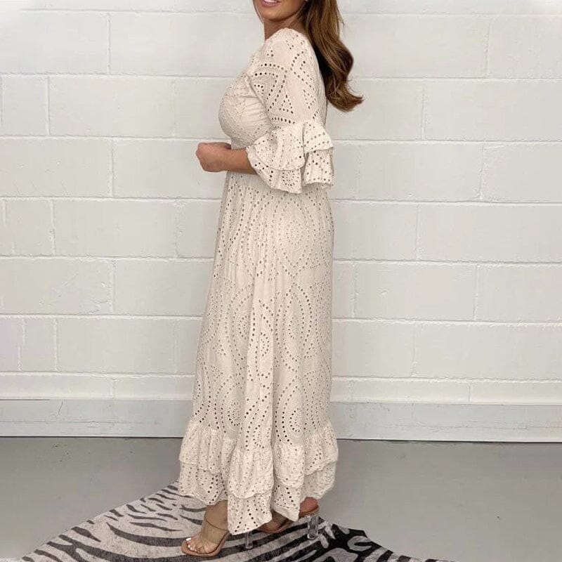 Nathalia | Besticktes Anglaise-Midikleid mit Rüschenärmeln