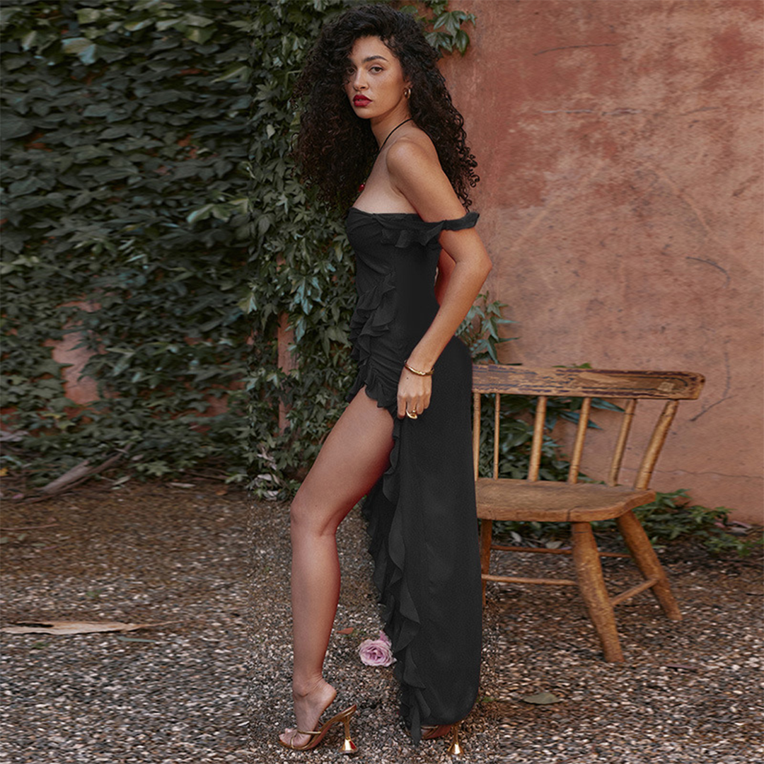 Gabriele | Gerafftes Maxikleid mit Schlitz