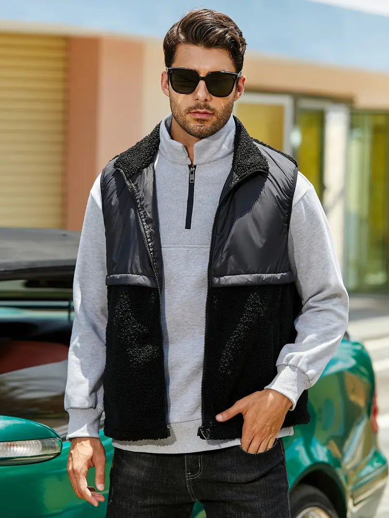 Ruff | Herren Casual Weste aus Kunstfell – Zipper, Strickstoff, Einfarbig