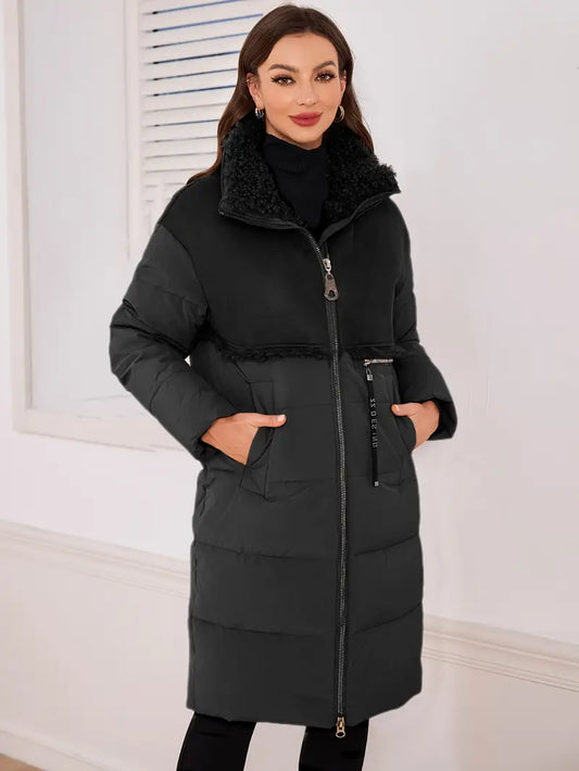 Plusch | Lange Winterjacke mit abnehmbarem Kunstfellkragen – Kapuze & Dual-Zip