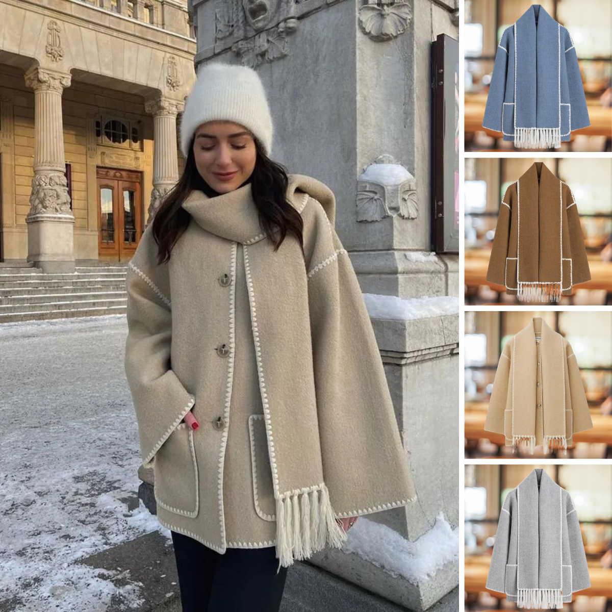 Quirina | Elegante Langarmtasche einreihige Knopfjacke mit Schal