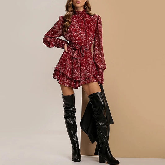Freyda  |  Minikleid mit gerafftem Rollkragen und plissiertem Blumenmuster für Damen