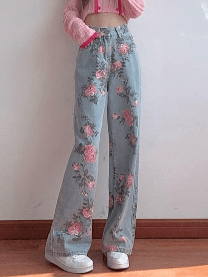 Mhai | Blumen Boyfriend Denim Jeans für Damen
