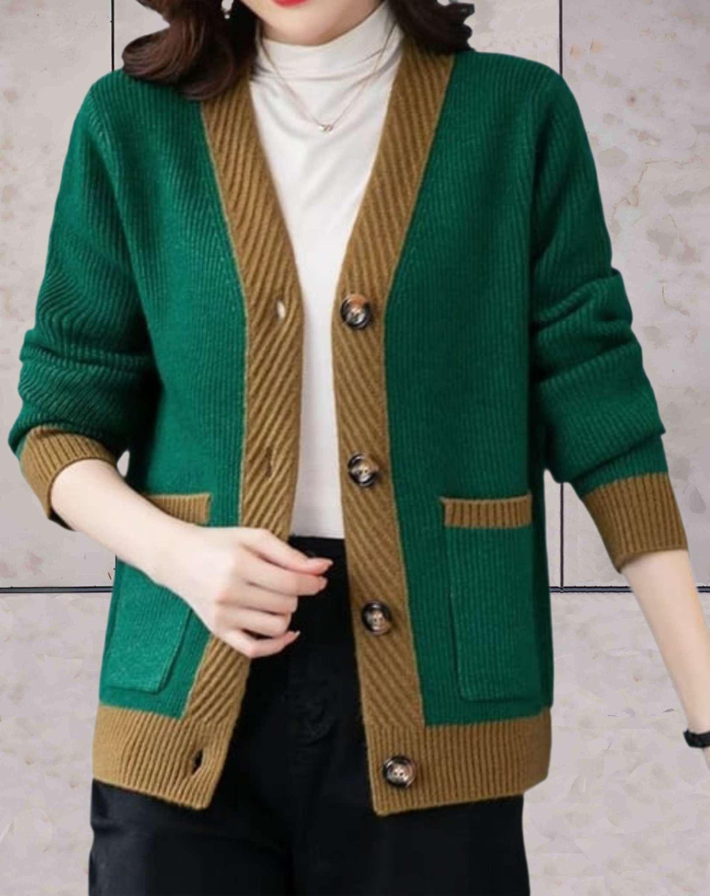 Josey | Bicolor Strick-Cardigan mit V-Ausschnitt, Knopfverschluss und Seitentaschen