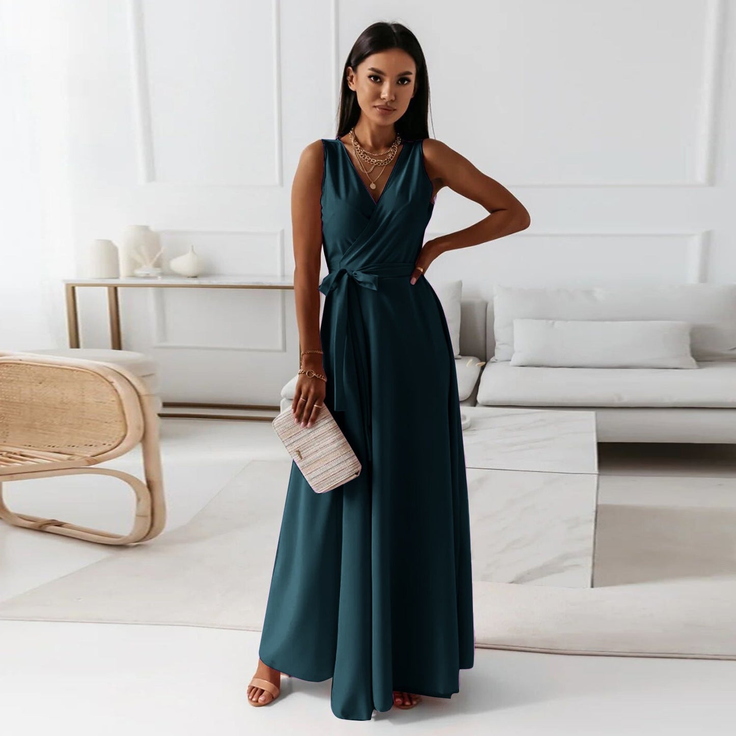 Paye | Damen einfarbig V-Ausschnitt Langes Kleid