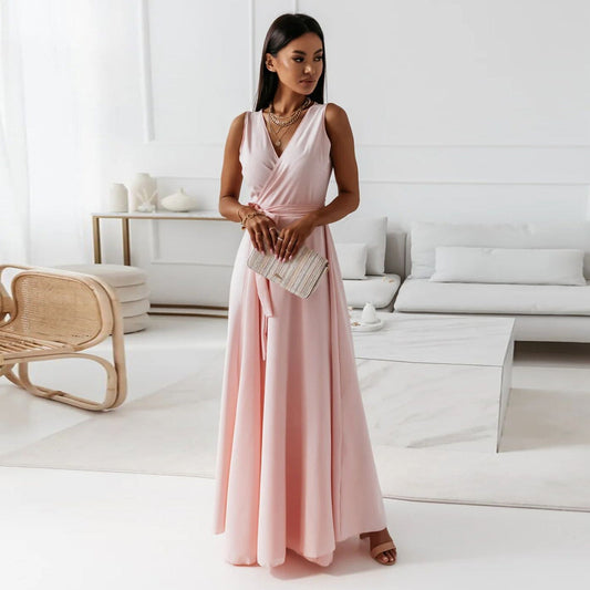 Paye | Damen einfarbig V-Ausschnitt Langes Kleid