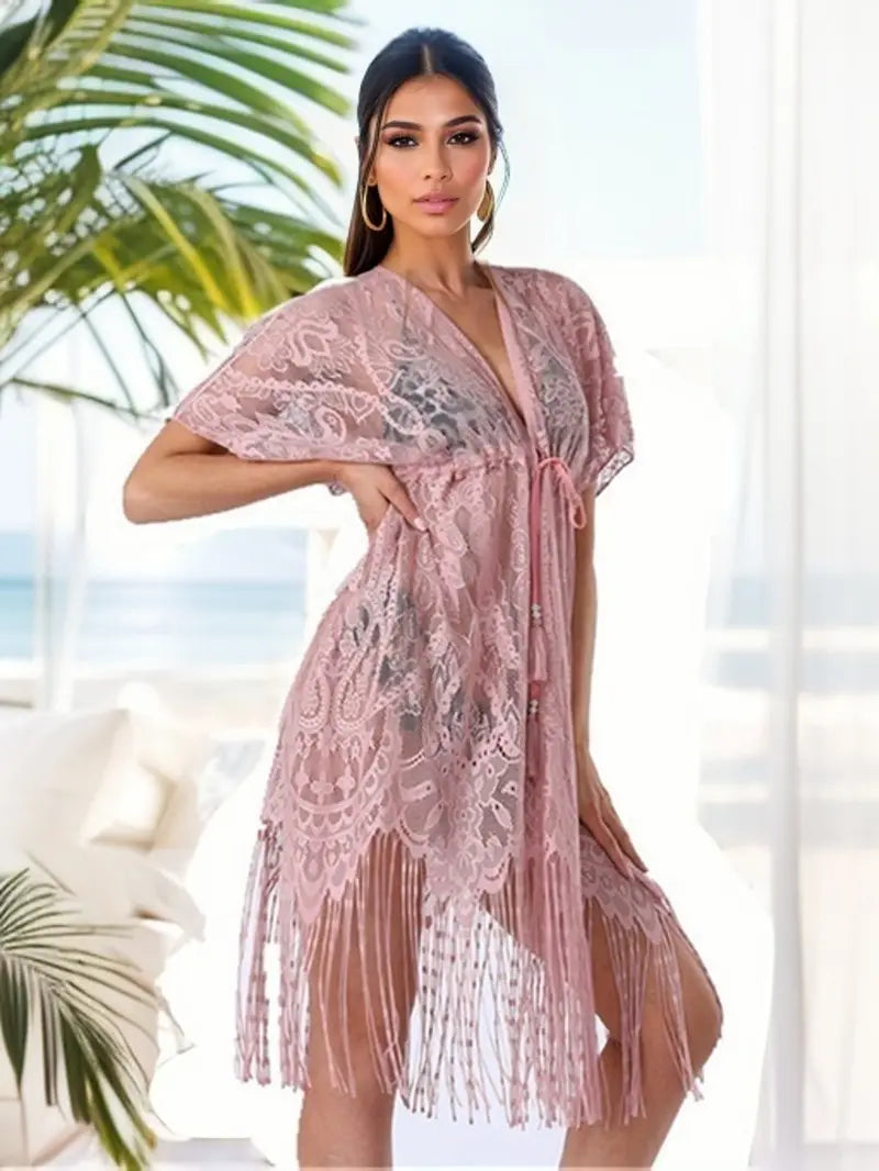 Jenny | Rosa Spitze Fransen Kordelzug Cover-up Kimono