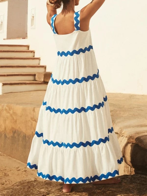 Harlyn | Weißes Maxi-Kleid mit Blauen Wellen