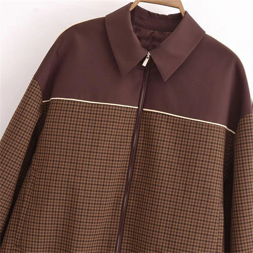 Clare | Retro Karierte Patchwork-Reißverschlussjacke für Damen