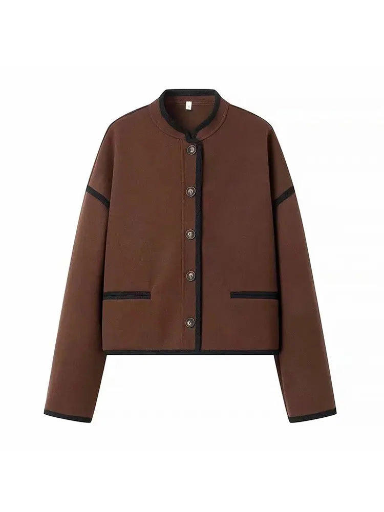 Lyna | Damen einreihiger Wollmantel in Braun, lässig chic mit Puffärmeln und Stehkragen