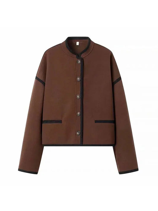 Lyna | Damen einreihiger Wollmantel in Braun, lässig chic mit Puffärmeln und Stehkragen