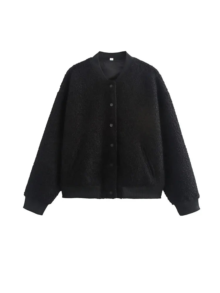 Mela | Damen Tweed Bomberjacke mit Stehkragen, Puffärmeln und Tasche