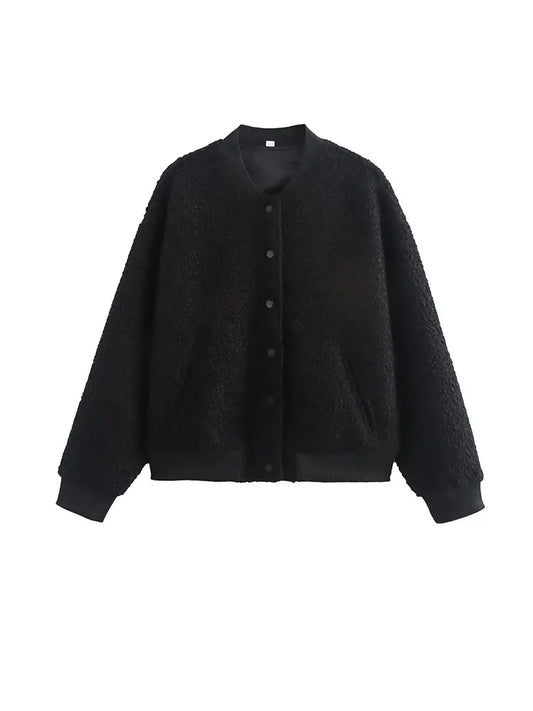 Mela | Damen Tweed Bomberjacke mit Stehkragen, Puffärmeln und Tasche