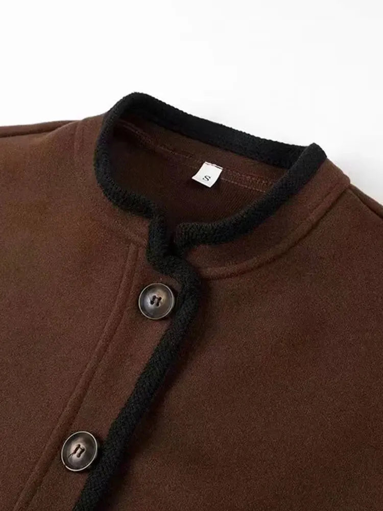 Lyna | Damen einreihiger Wollmantel in Braun, lässig chic mit Puffärmeln und Stehkragen