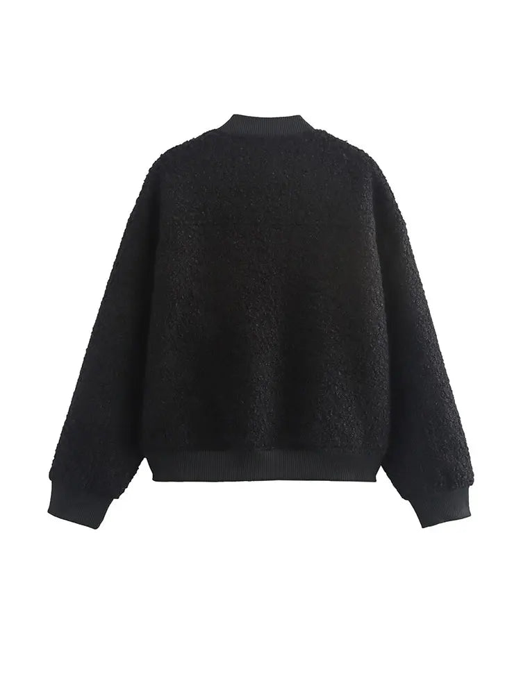 Mela | Damen Tweed Bomberjacke mit Stehkragen, Puffärmeln und Tasche