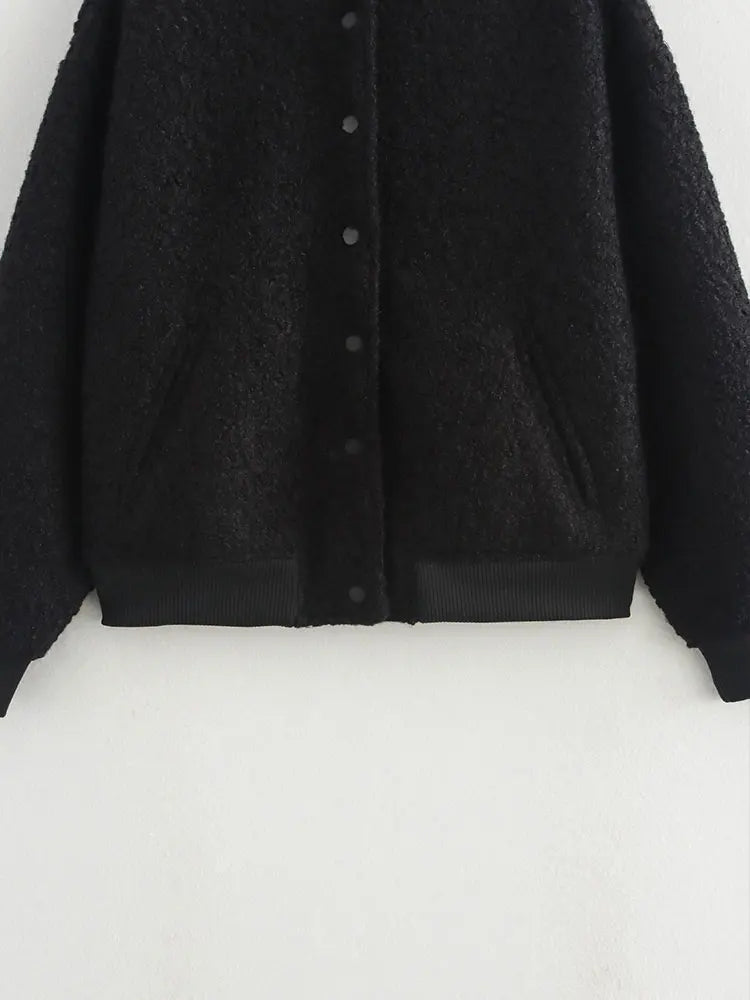 Mela | Damen Tweed Bomberjacke mit Stehkragen, Puffärmeln und Tasche