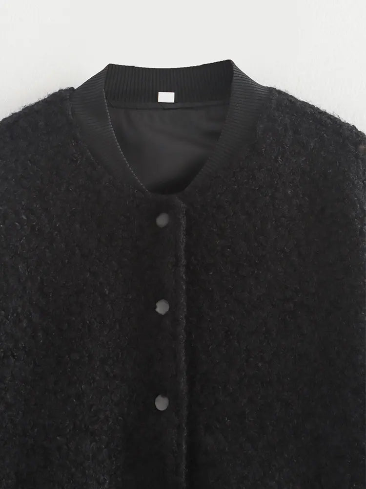 Mela | Damen Tweed Bomberjacke mit Stehkragen, Puffärmeln und Tasche