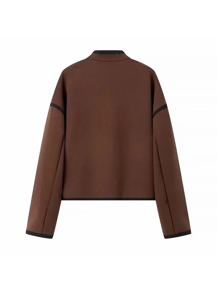 Lyna | Damen einreihiger Wollmantel in Braun, lässig chic mit Puffärmeln und Stehkragen