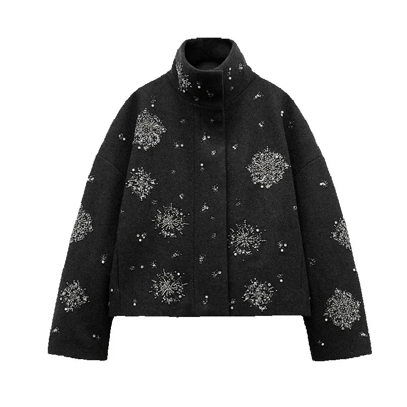 Pheya | Wollmantel mit Perlenblumen-Design