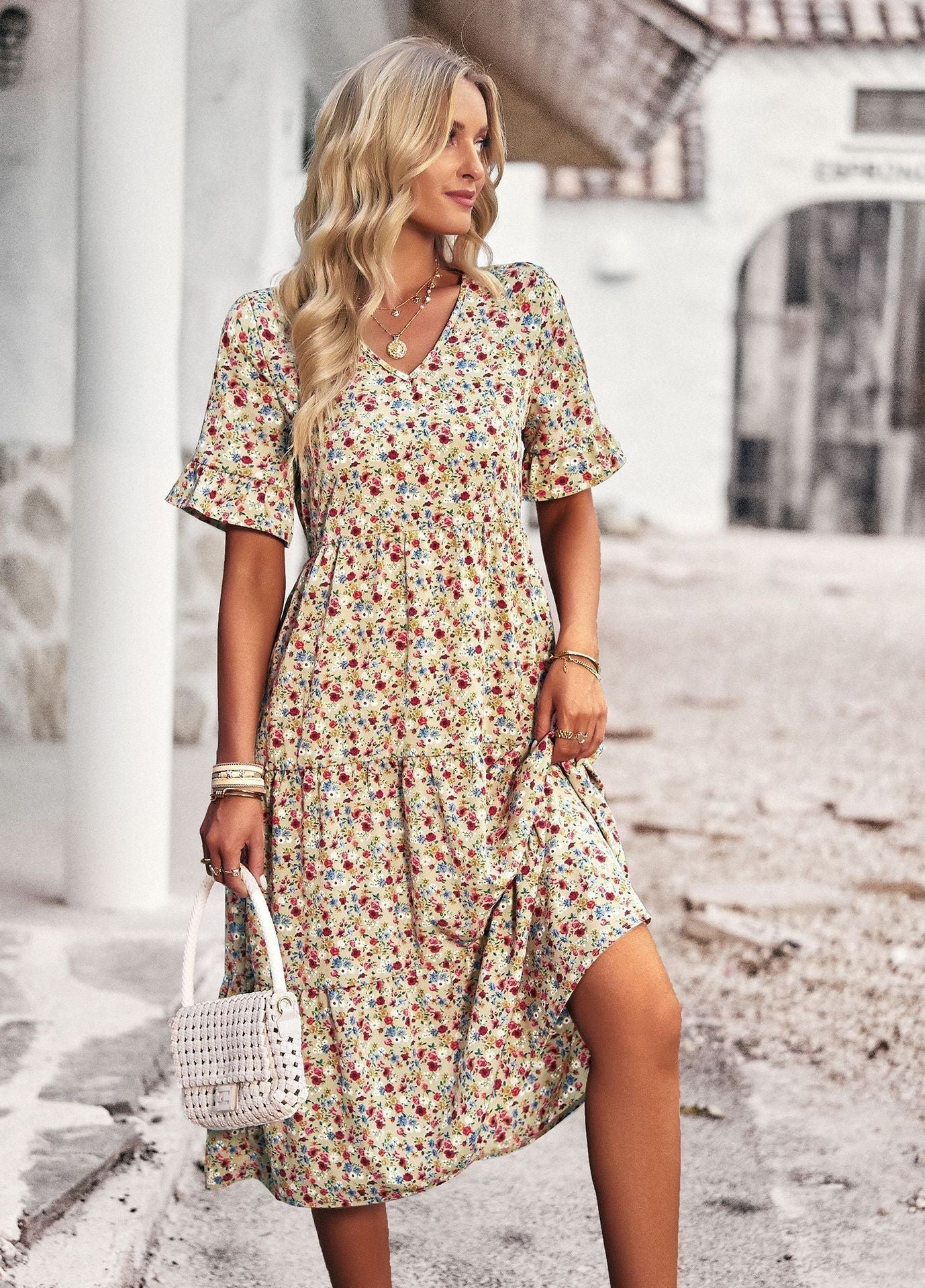 Kathryn - Damen Blumiges Midikleid