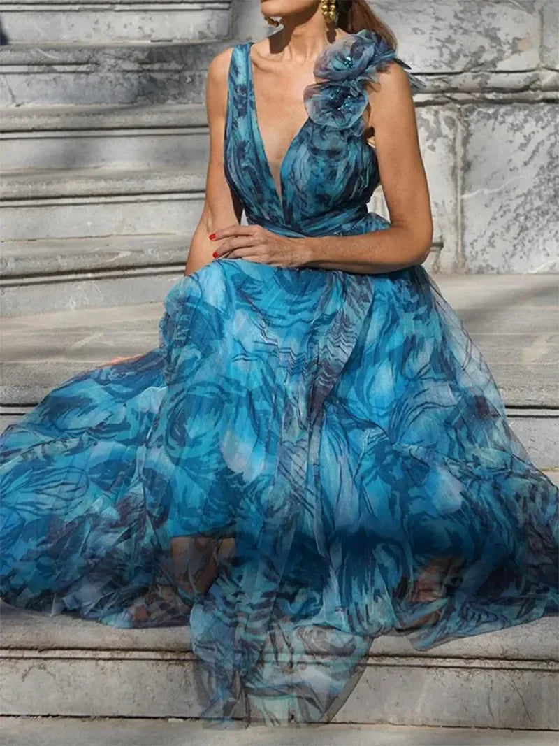 Candra - BÖHMISCHER RESORT-STIL PFAUENBLAU LANGES KLEID