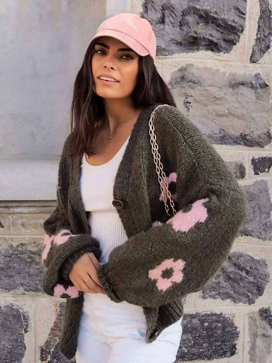 Los | Damen Jacquard Cardigan mit Blumenmuster, elegant und warm