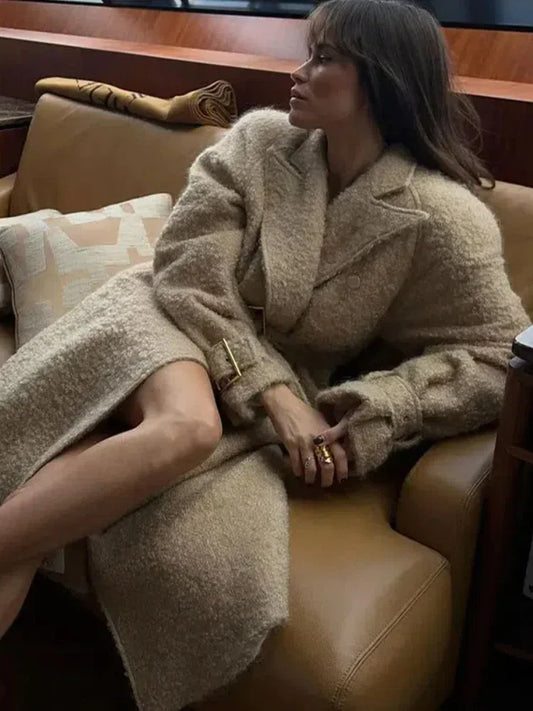 Ysee | Eleganter Wollmantel in Apricot mit Gürtel und Taschen für Damen