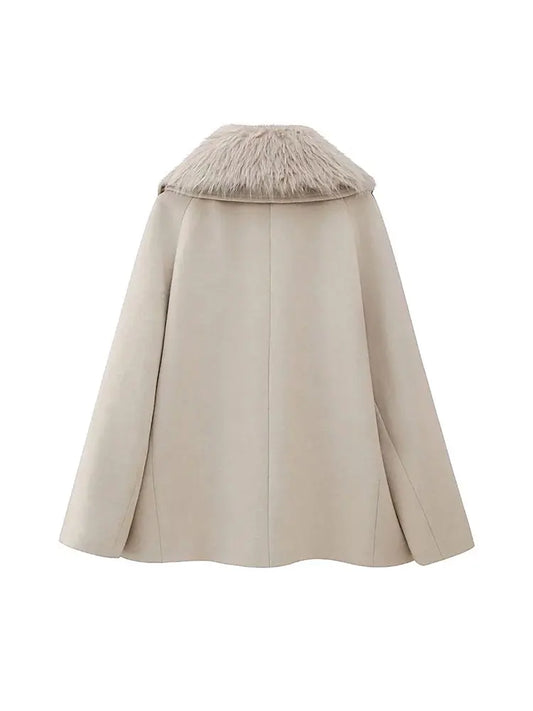 Malio | Damen Mantel mit Puffärmeln und Kunstfellkragen – Warme Wolljacke für Herbst/Winter