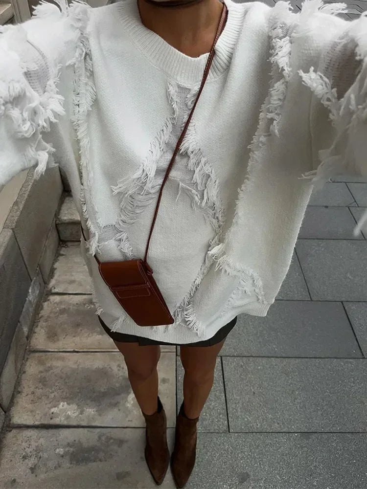 Elisaveta | Damen-Strickpullover im Oversize-Look mit eleganten Fransen