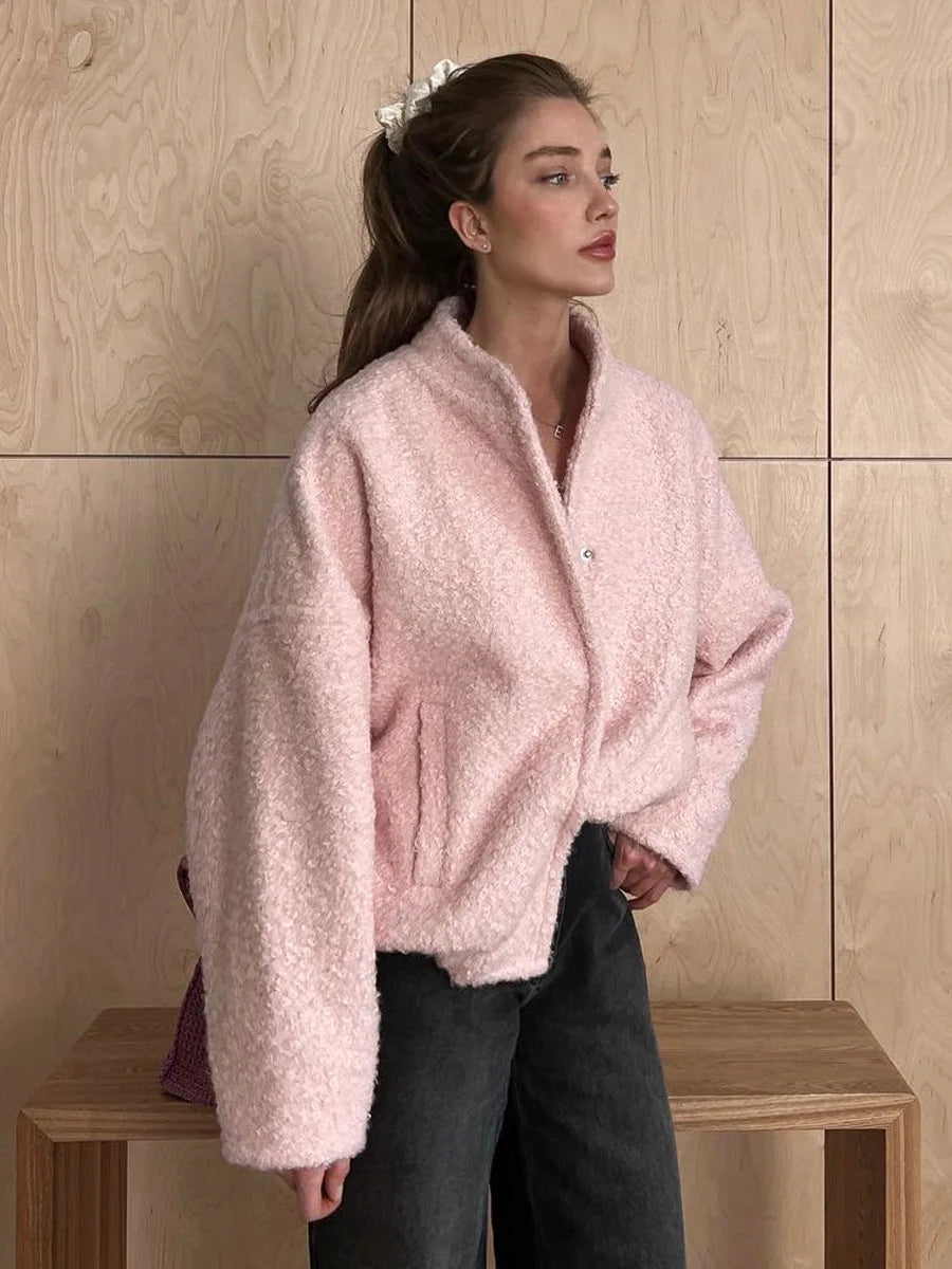 Misera | Lässige rosa Kunstpelzjacke mit Stehkragen für Damen