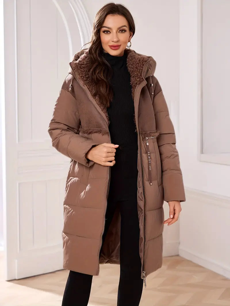 Plusch | Lange Winterjacke mit abnehmbarem Kunstfellkragen – Kapuze & Dual-Zip