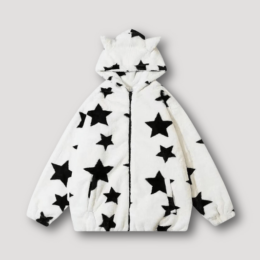 Kacy | Plüsch Schwarzes Sternenmuster Katzenohren Hoodie Jacke