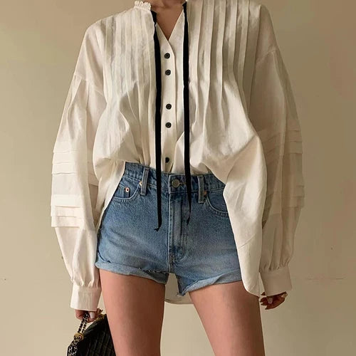 Kendall | Geplooide Bluse mit V-Ausschnitt und Pofärmeln