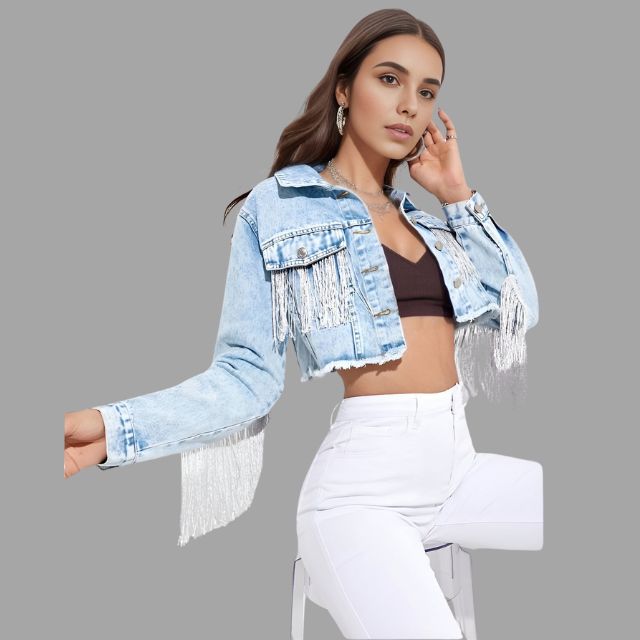 Phelan | Kurze Denim-Jacke mit Fransen-Detail